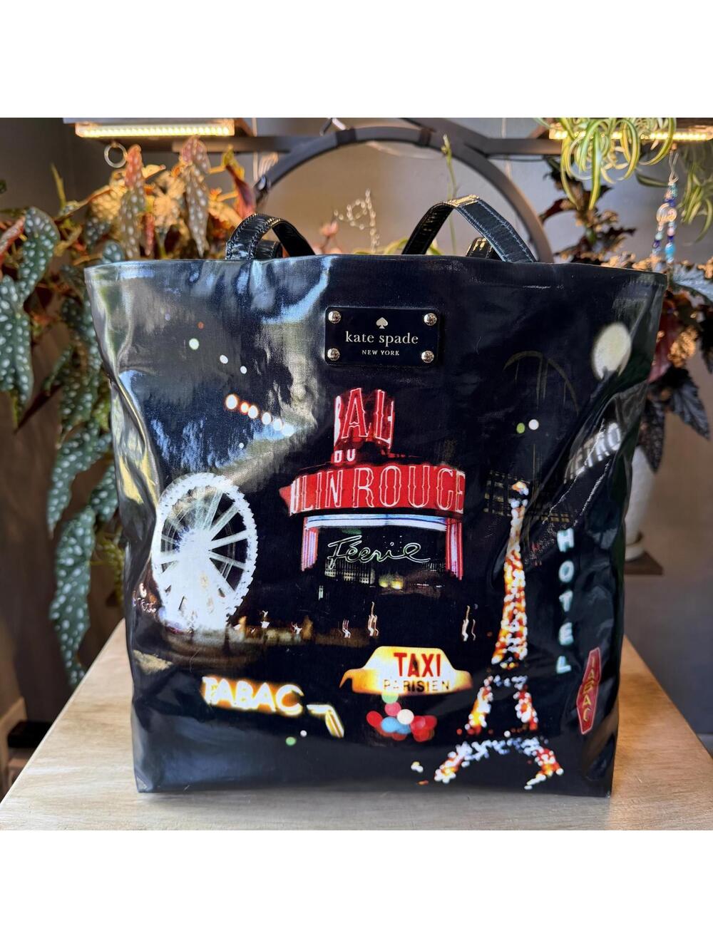 Vintage Kate Spade New York Black Patent Tote Bag with Paris Night Print